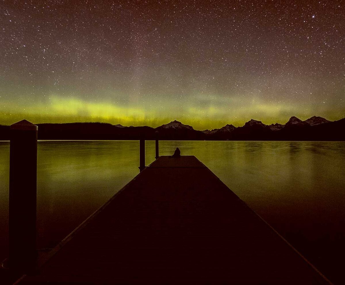 Stunning Northern Lights over a dock at night, perfect for LED Box Frame displays and nature-themed home decor.