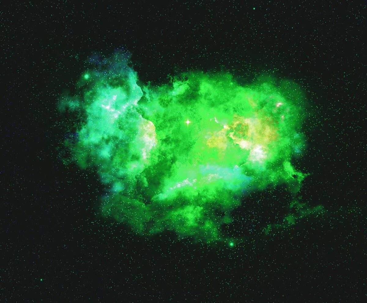 Vibrant green nebula with scattered stars, ideal for display with LED Box Frame’s customizable lighting effects.