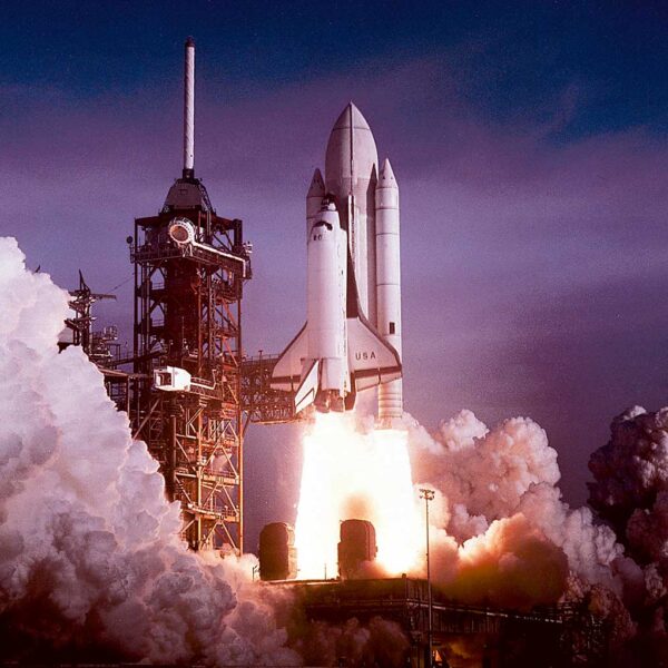 Space shuttle launching with powerful flames and smoke, ideal for an LED Box Frame display.