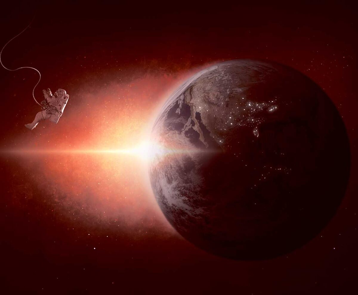 An astronaut floating in space, with a glowing planet in the background, perfect for LED Box Frame displays.