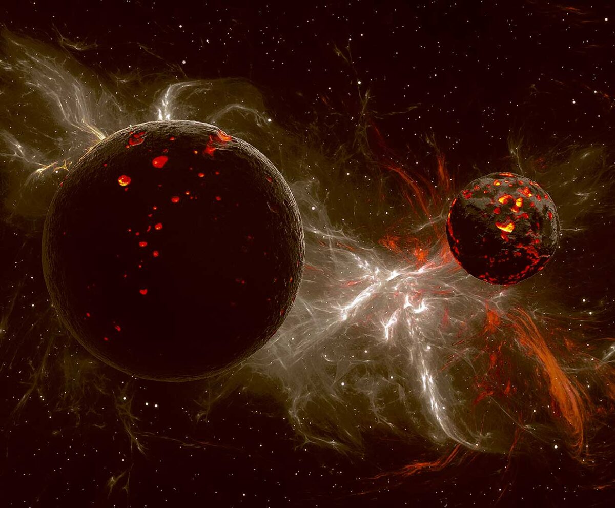 Two erupting planets in space with fiery eruptions and cosmic dust surrounding them, featured in LED Box Frame designs.