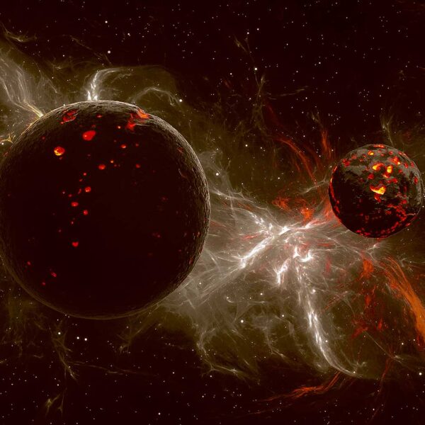 Two erupting planets in space with fiery eruptions and cosmic dust surrounding them, featured in LED Box Frame designs.