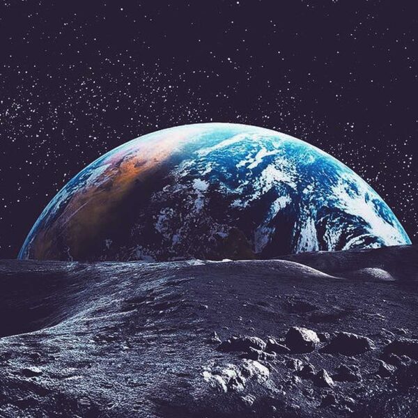 View of Earth from the Moon with a starry sky and lunar surface.