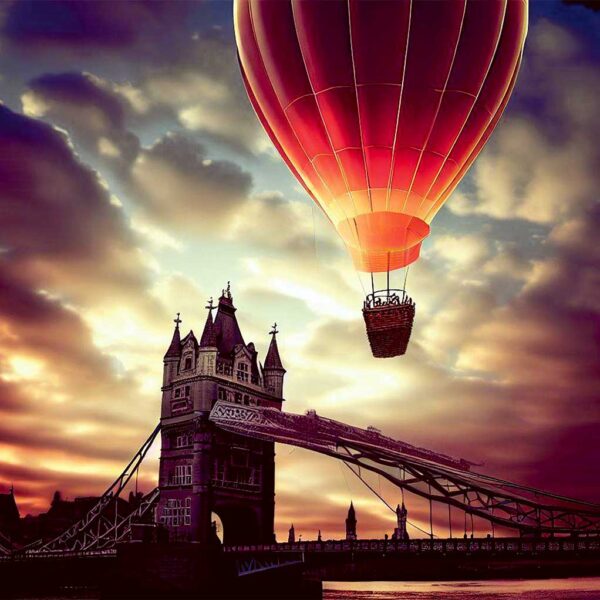 A hot air balloon soaring above Tower Bridge in London, captured in a vibrant sunset glow, perfectly displayed in a LED Box Frame to enhance your space.