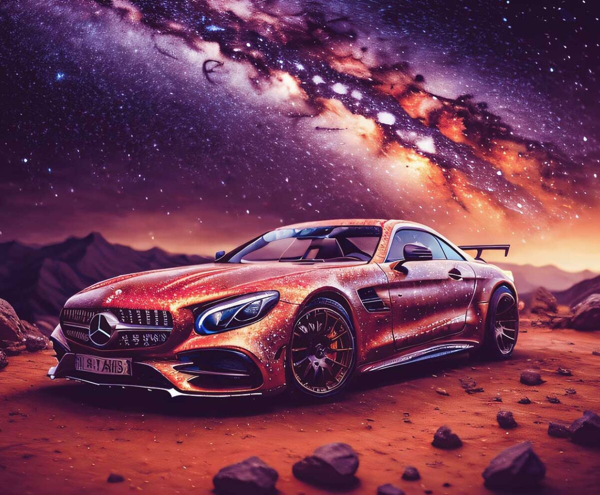 Mercedes sports car in a stunning cosmic backdrop, perfect for an LED Box Frame display that enhances the beauty of luxury vehicles.