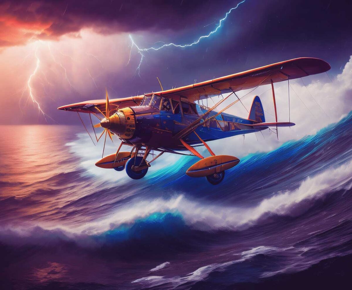 Vintage plane soaring through turbulent stormy skies, illuminated by LED Box Frame lighting.