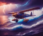Vintage plane soaring through turbulent stormy skies, illuminated by LED Box Frame lighting.