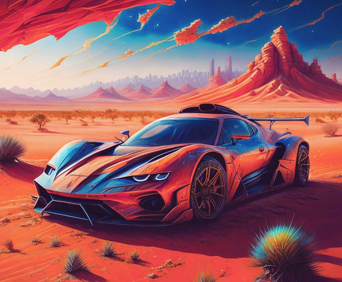 Futuristic sports car in a desert landscape, displayed in a vibrant LED Box Frame for a dynamic and eye-catching decoration.