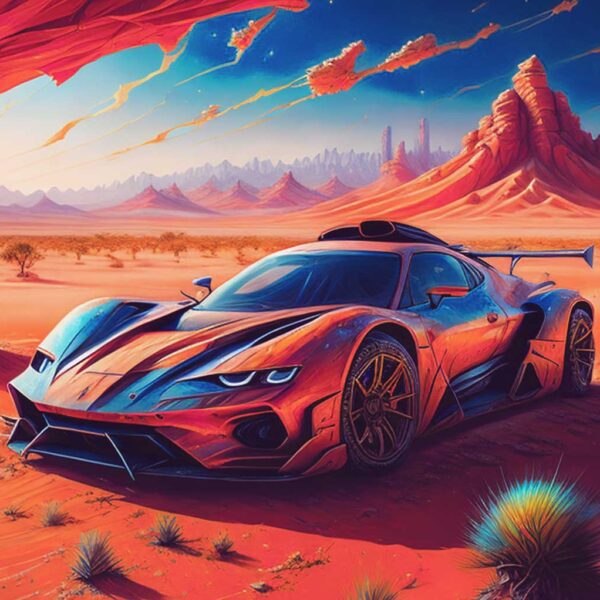 Futuristic sports car in a desert landscape, displayed in a vibrant LED Box Frame for a dynamic and eye-catching decoration.
