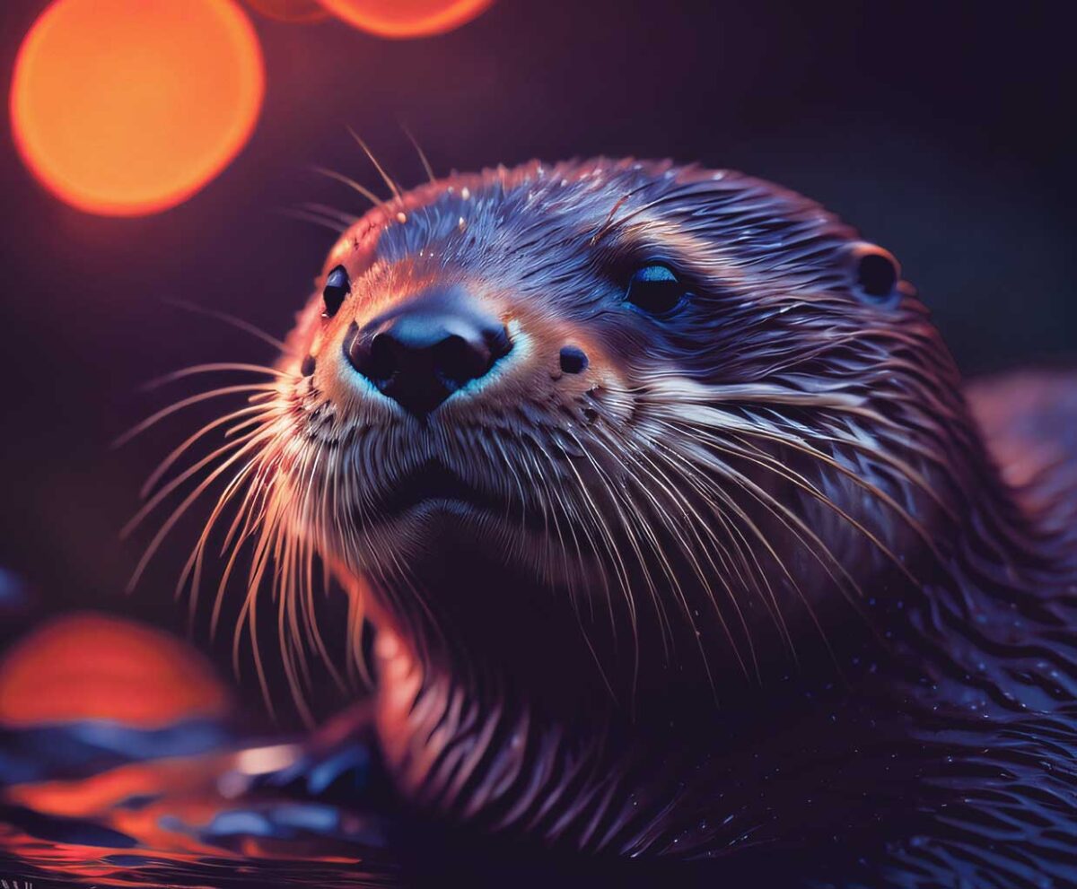 A close-up of a playful otter with glistening fur and a vibrant bokeh background, perfect for adding charm to your LED Box Frame collection."