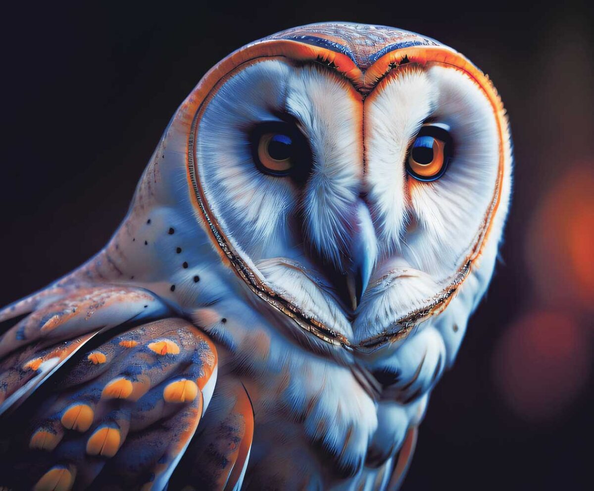 Close-up of a barn owl with striking orange eyes and detailed feathers, illuminated by LED Box Frame lighting.