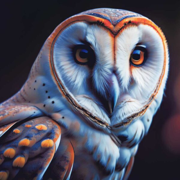 Close-up of a barn owl with striking orange eyes and detailed feathers, illuminated by LED Box Frame lighting.