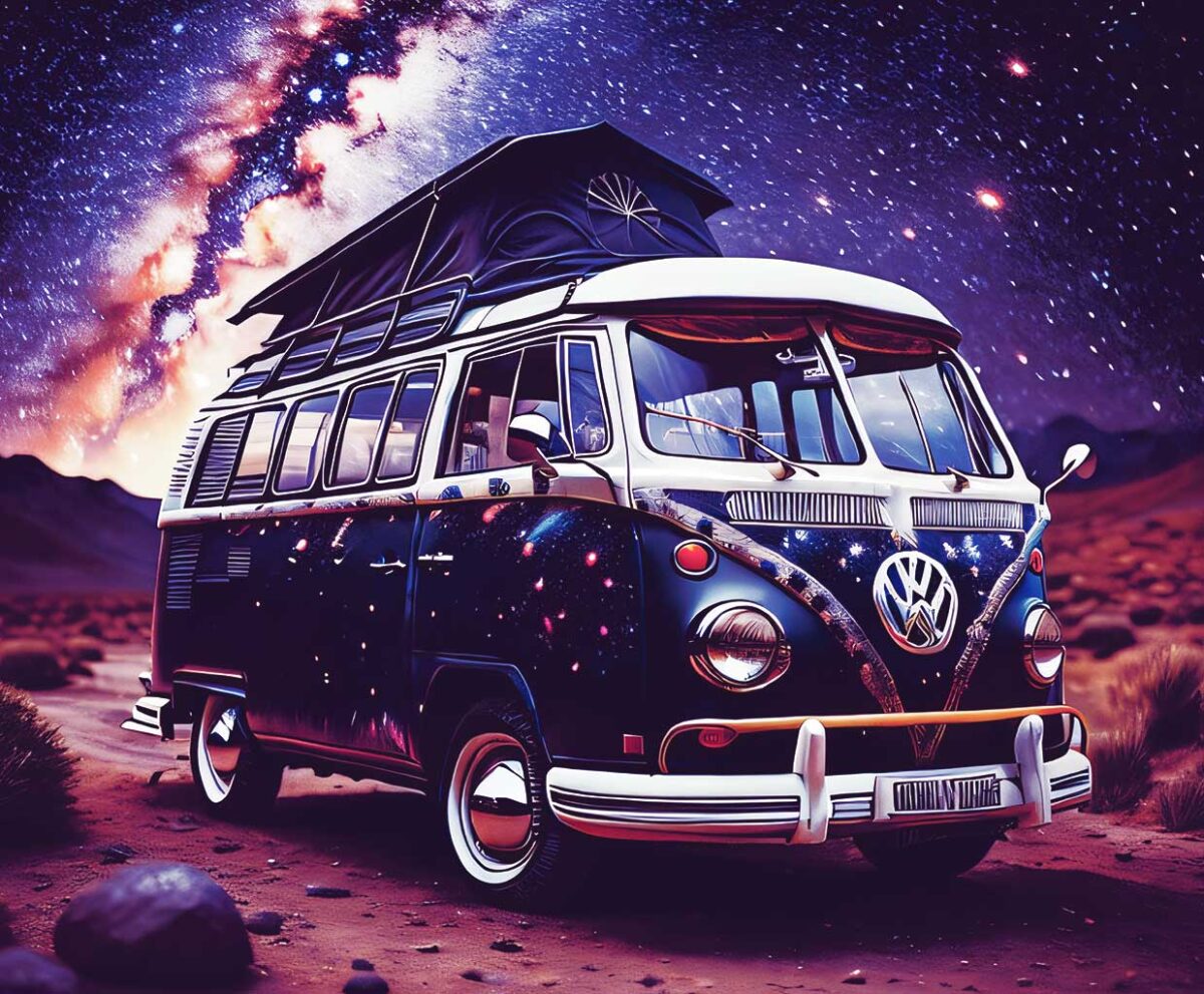 Classic Volkswagen camper van with a galaxy design, displayed in a LED Box Frame for a unique, travel-inspired home decor.