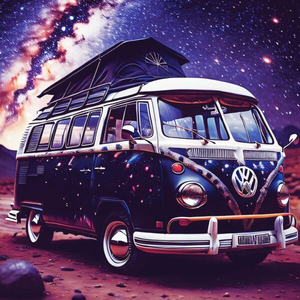 Classic Volkswagen camper van with a galaxy design, displayed in a LED Box Frame for a unique, travel-inspired home decor.