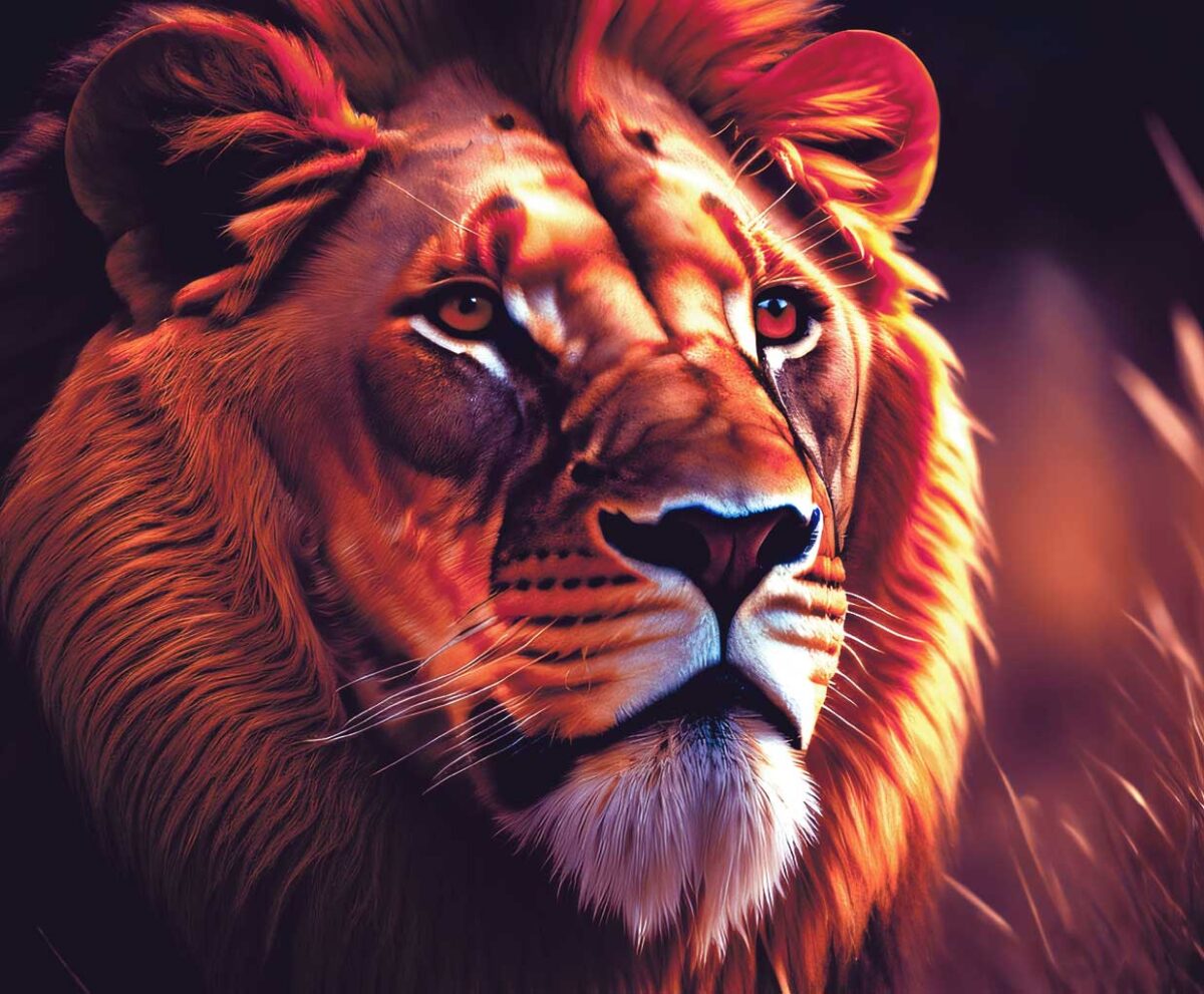 Majestic lion with glowing mane in soft golden light, facing left with intense gaze