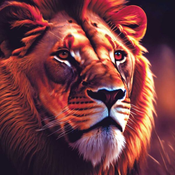 Majestic lion with glowing mane in soft golden light, facing left with intense gaze