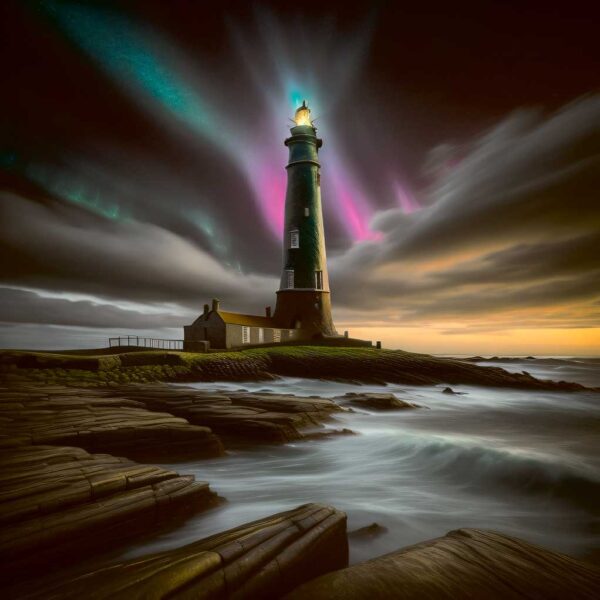 A dramatic lighthouse standing on rocky shores under vivid northern lights, with glowing skies and crashing waves