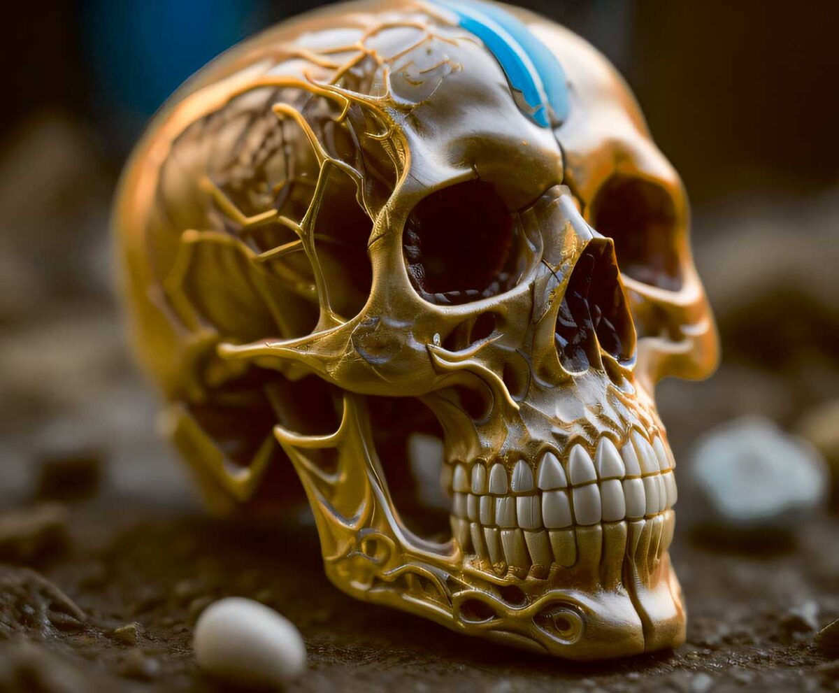 Close-up of an intricate, detailed skull sculpture with unique golden highlights and a lifelike appearance.