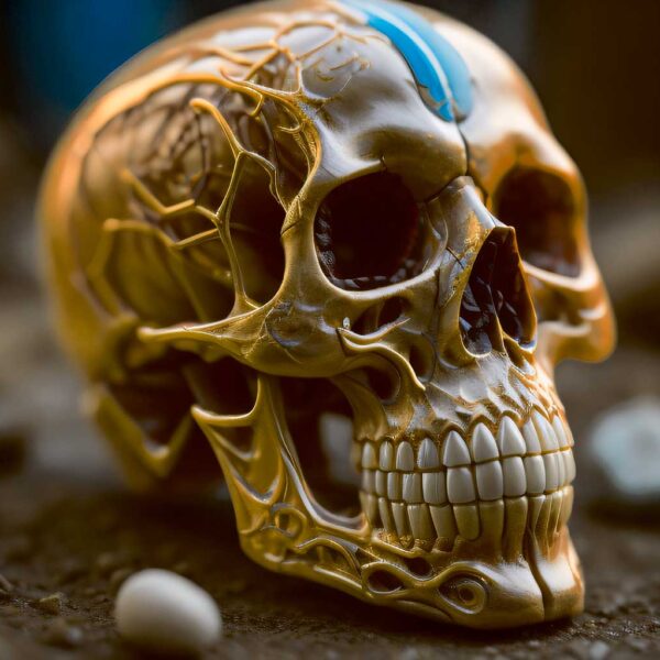 Close-up of an intricate, detailed skull sculpture with unique golden highlights and a lifelike appearance.