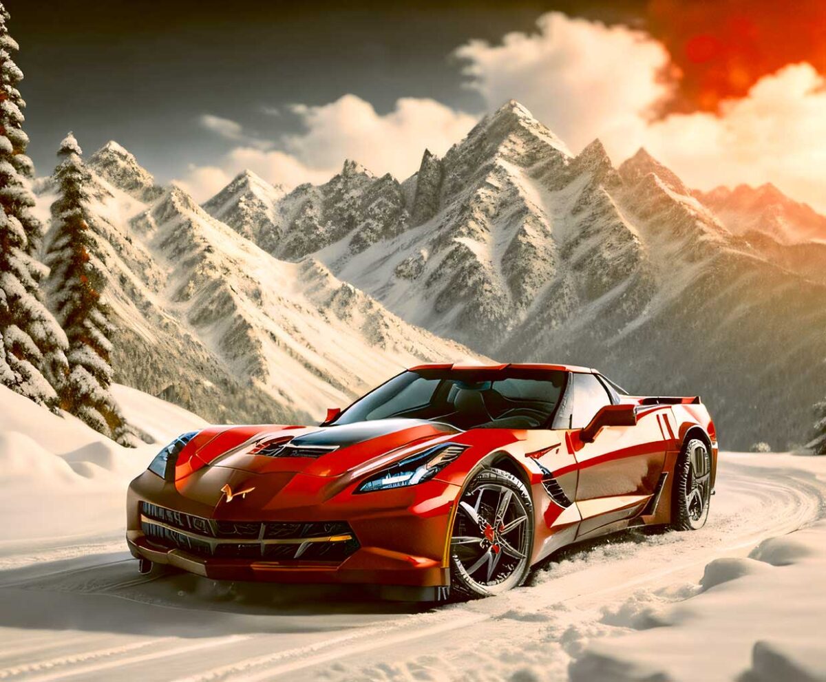 Red sports car driving through snow-covered mountains, perfect for an LED Box Frame display.
