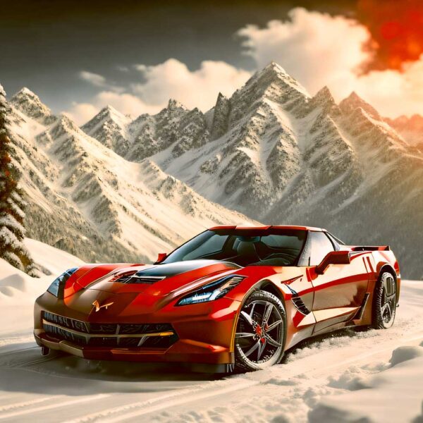 Red sports car driving through snow-covered mountains, perfect for an LED Box Frame display.