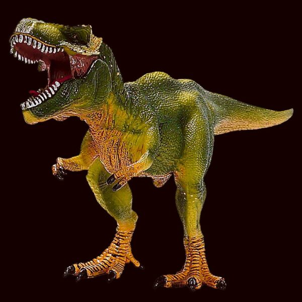 A fierce and realistic 3D rendering of a roaring Tyrannosaurus rex dinosaur in a dynamic pose."
