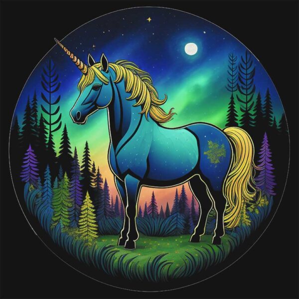 Blue unicorn with golden mane in a glowing forest under a moonlit sky and aurora lights