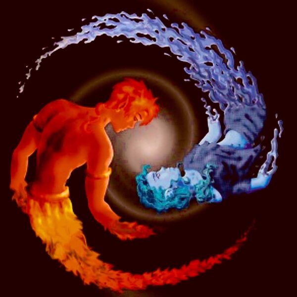 Yin-Yang style artwork depicting a couple, with fiery red and cool blue elements symbolizing balance and harmony, designed for display in an LED Box Frame.