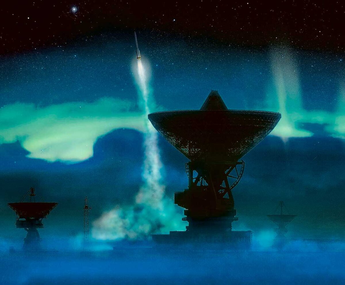 Sci-fi themed artwork featuring a rocket launch under the northern lights, beautifully framed in an energy-efficient LED Box Frame.