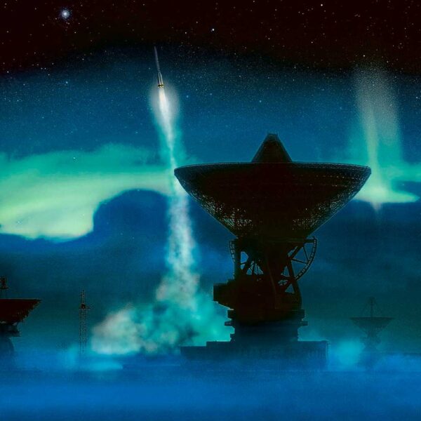 Sci-fi themed artwork featuring a rocket launch under the northern lights, beautifully framed in an energy-efficient LED Box Frame.