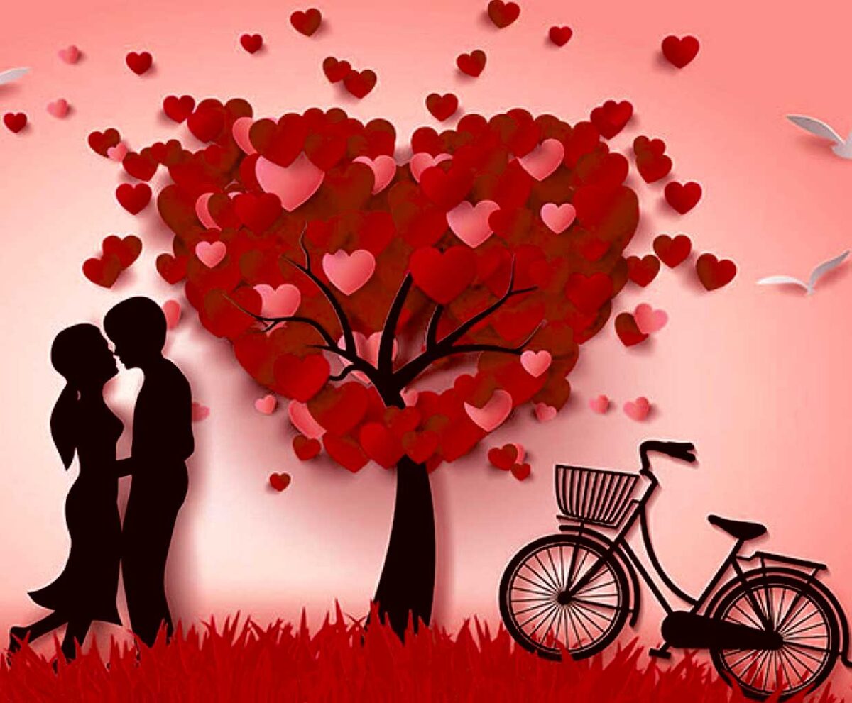 Romantic heart-shaped tree with silhouettes of a couple, a bicycle, and flying birds, perfect for displaying in a customizable LED Box Frame.