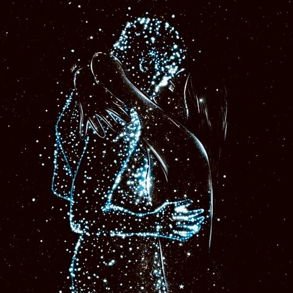 Glowing silhouette of a couple sharing a kiss, with ethereal stars and particles surrounding them, captured in an LED Box Frame for a romantic and magical home decor experience.