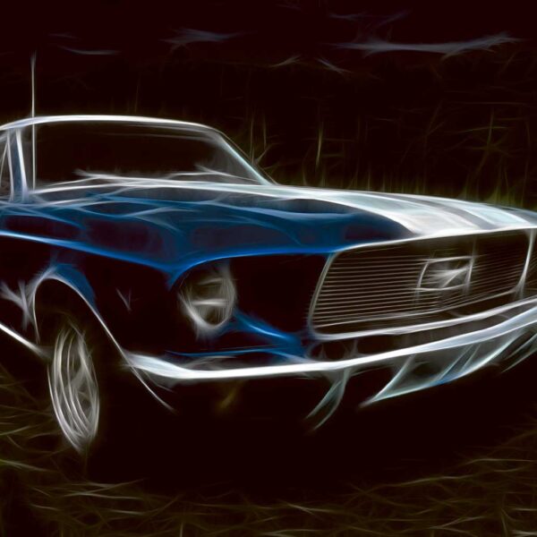 A glowing neon-style illustration of a vintage blue Ford Mustang, set against a dark electric background with abstract streaks of green and gold light.