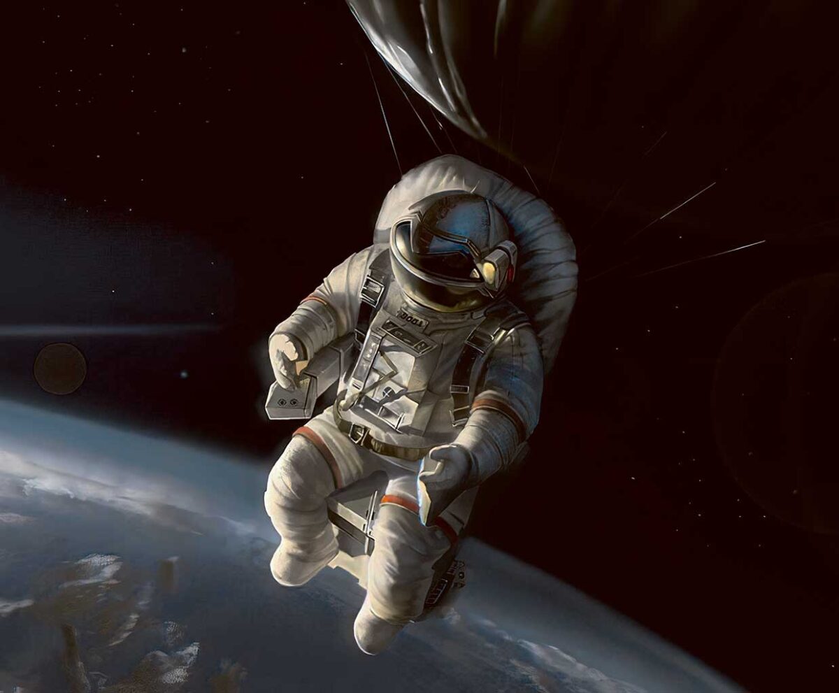 An astronaut floating in space with Earth in the background, capturing the beauty of the cosmos.