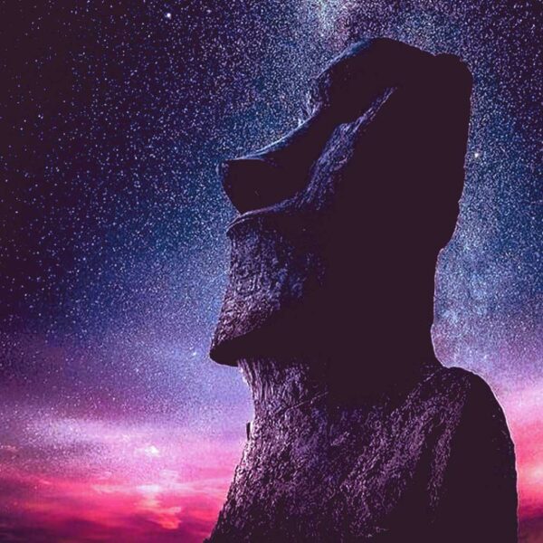An Easter Island Moai statue silhouetted against a starry sky, with vibrant colors from the sunset reflecting on the horizon.