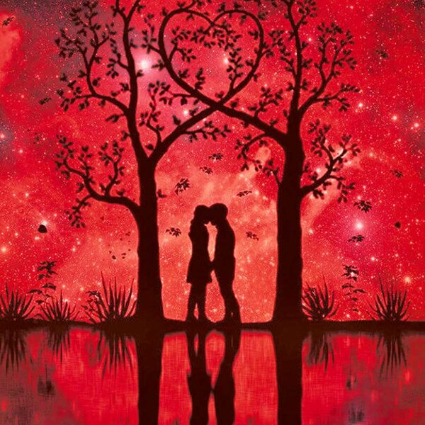 Silhouette of a couple sharing a kiss beneath a starry sky, framed by two trees, reflected in a tranquil lake, captured in an LED Box Frame for a romantic home decor piece.
