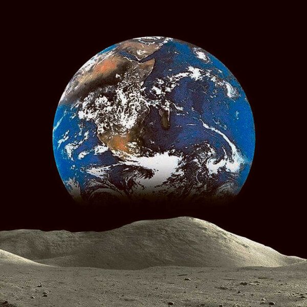 Earth floating above the moon's surface, offering a surreal view of the planet from space with a detailed lunar landscape.