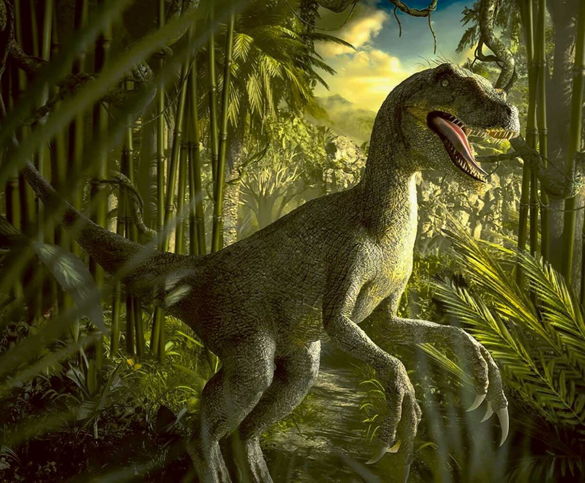 Green raptor-style dinosaur in a lush prehistoric jungle with golden sunlight filtering through