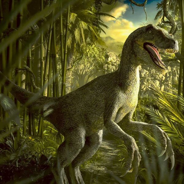 Green raptor-style dinosaur in a lush prehistoric jungle with golden sunlight filtering through