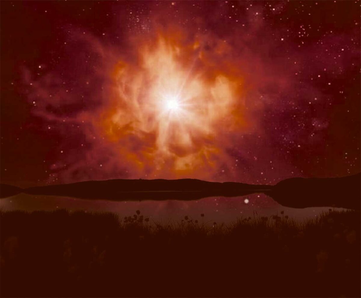 A vibrant 3D rendering of a nebula, glowing with intense red, orange, and purple hues, set against a starry sky.