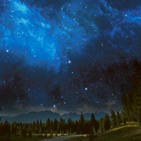 A breathtaking view of a starry night sky filled with swirling blue and purple clouds over a tranquil mountain landscape.