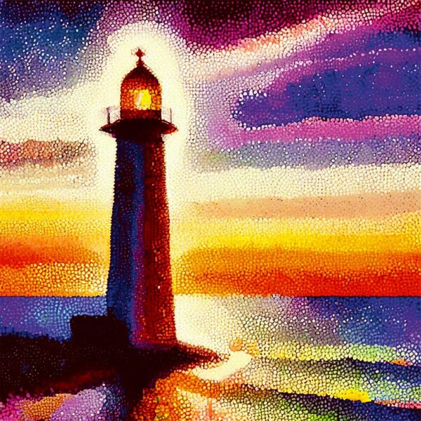 A lighthouse standing tall against a vibrant, dotted sunset sky, with colorful reflections on the water surrounding it.