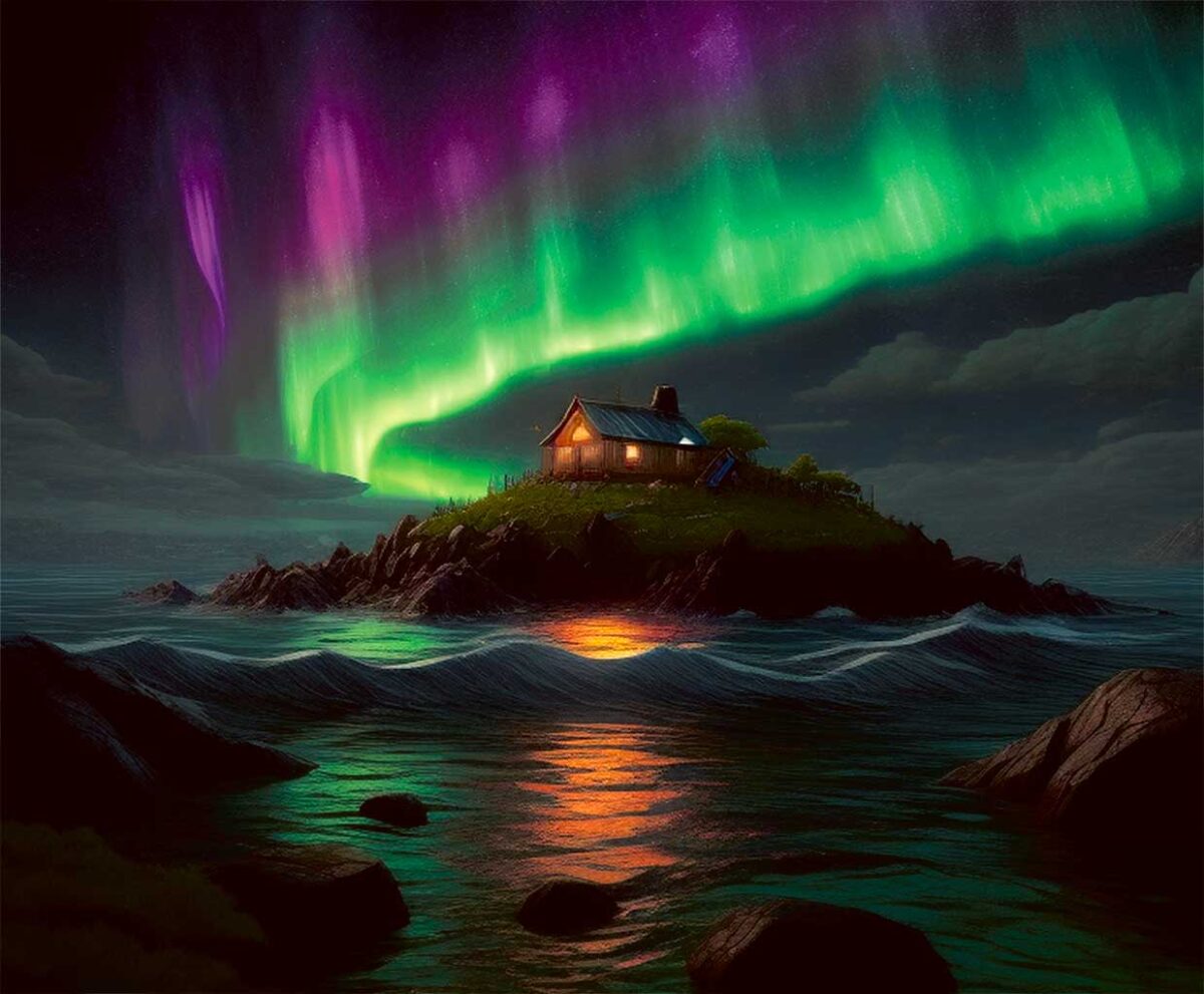 A vibrant aurora borealis lights up the night sky with shades of green, purple, and pink above a cozy house on a small island, reflecting in the calm waters below.