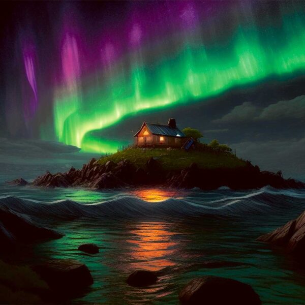 A vibrant aurora borealis lights up the night sky with shades of green, purple, and pink above a cozy house on a small island, reflecting in the calm waters below.
