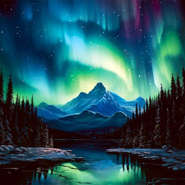 Stunning northern lights dance above snow-capped mountains, with vibrant greens and purples illuminating the sky and reflecting in the serene, dark waters below.