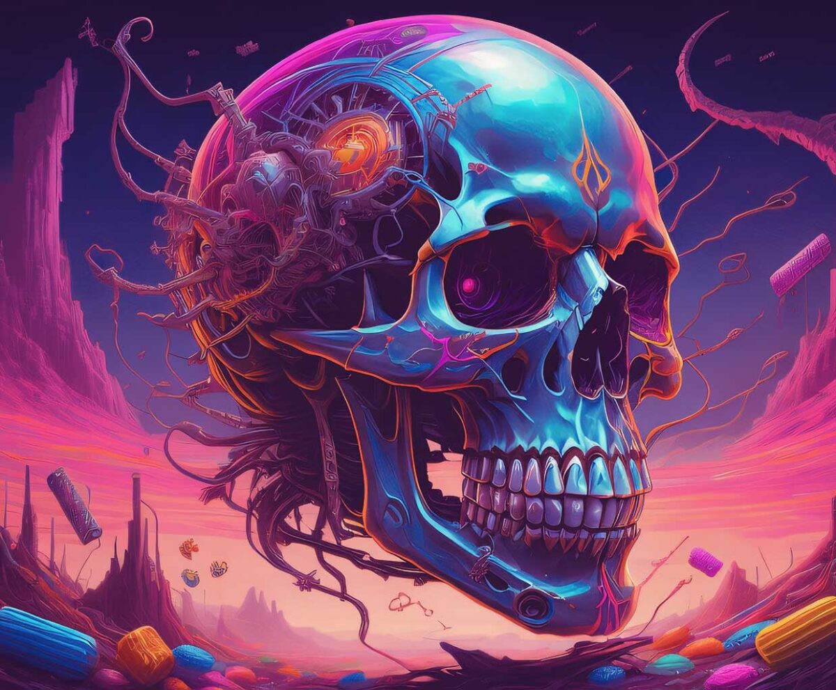 Colorful digital skull surrounded by abstract shapes and glowing elements in a futuristic landscape.