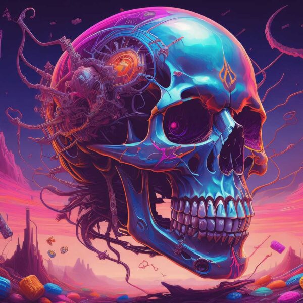 Colorful digital skull surrounded by abstract shapes and glowing elements in a futuristic landscape.