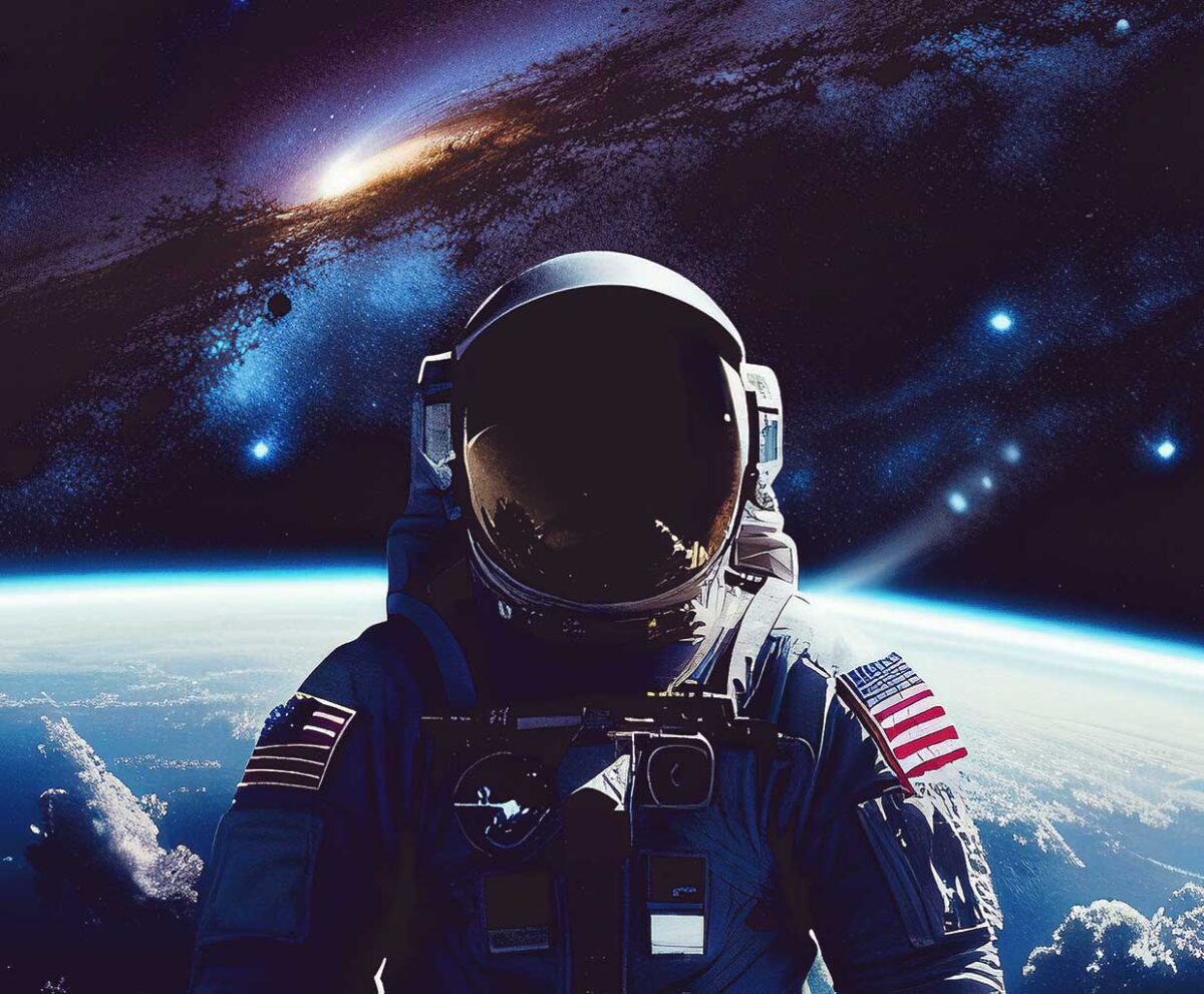 An astronaut floating in space with Earth and distant galaxies in the background, emphasizing the vastness of the cosmos.