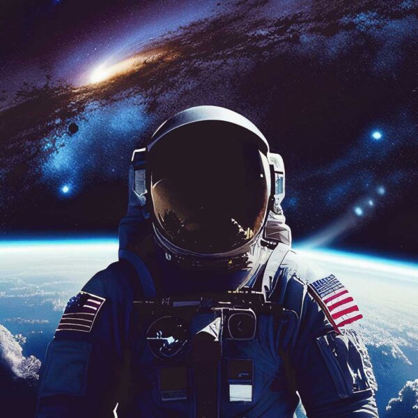 An astronaut floating in space with Earth and distant galaxies in the background, emphasizing the vastness of the cosmos.