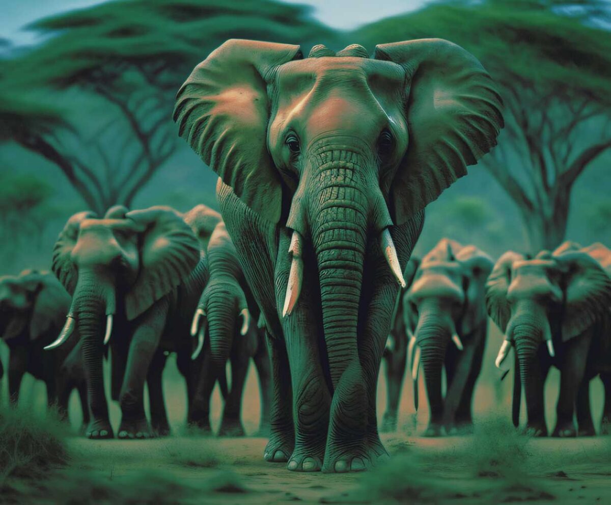 A herd of majestic elephants walking through the African savanna, with their massive bodies standing out against the green landscape.